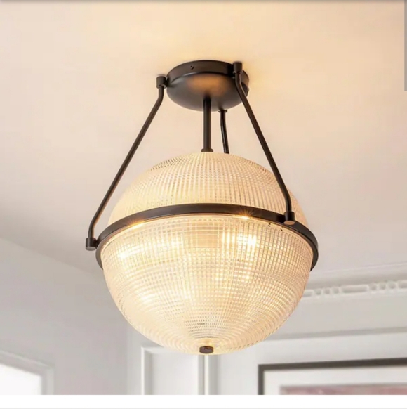 Lena 13.7 in. 3-Light Black Modern Industrial Semi-Flush Mount Clear Grid Glass